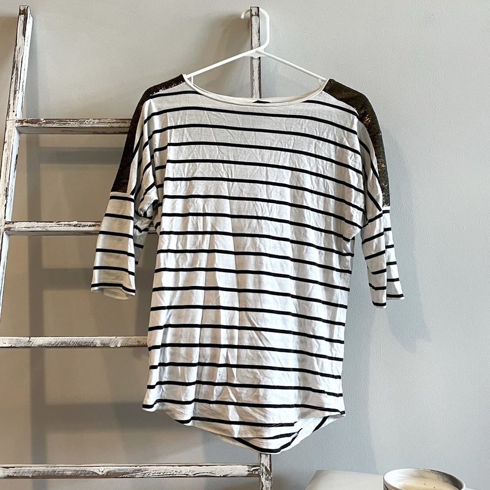 Short sleeve stripped tee with gold sequin epaulet shoulder details for women